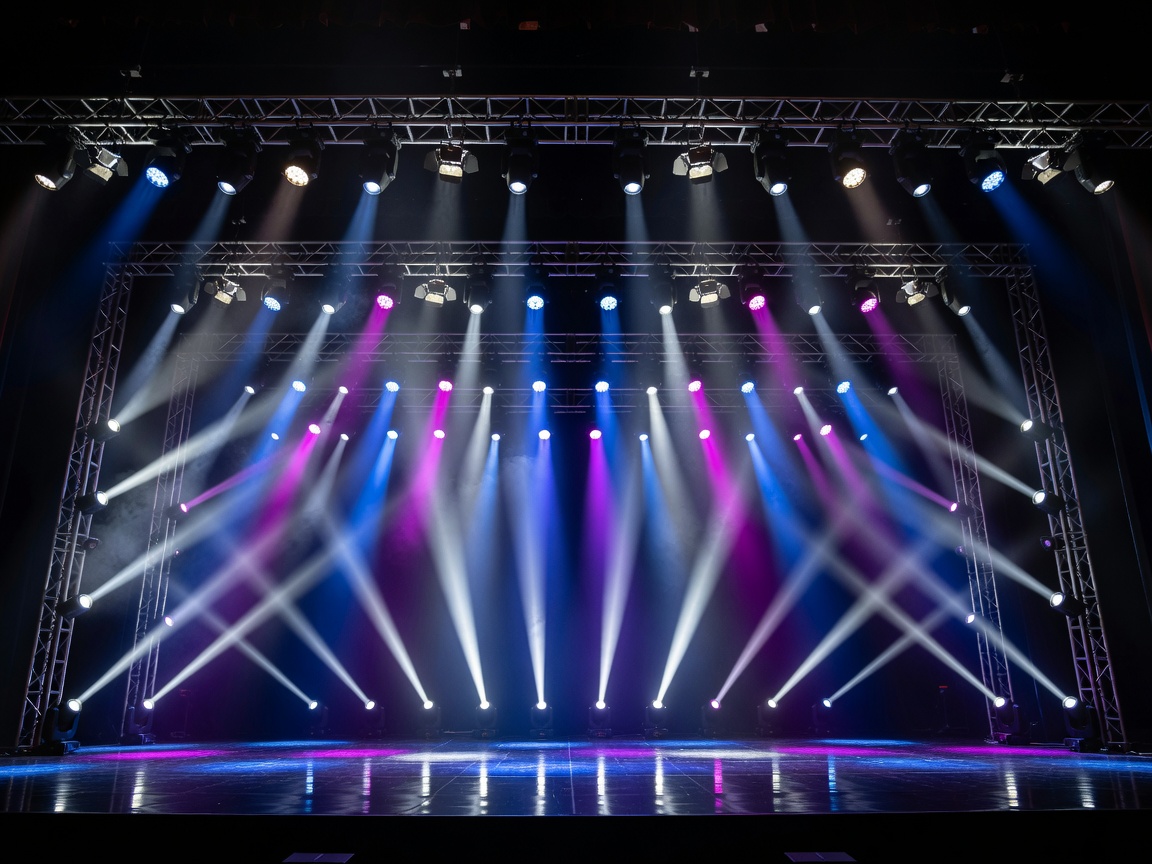 An ordered array of performance lights illuminating a stage from overhead