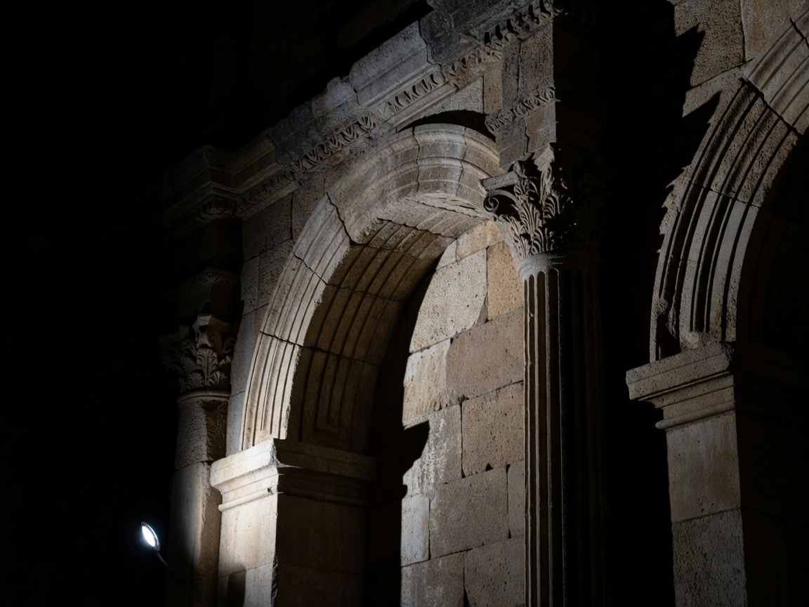 Stone architectural details emphasized by high-contrast illumination at night