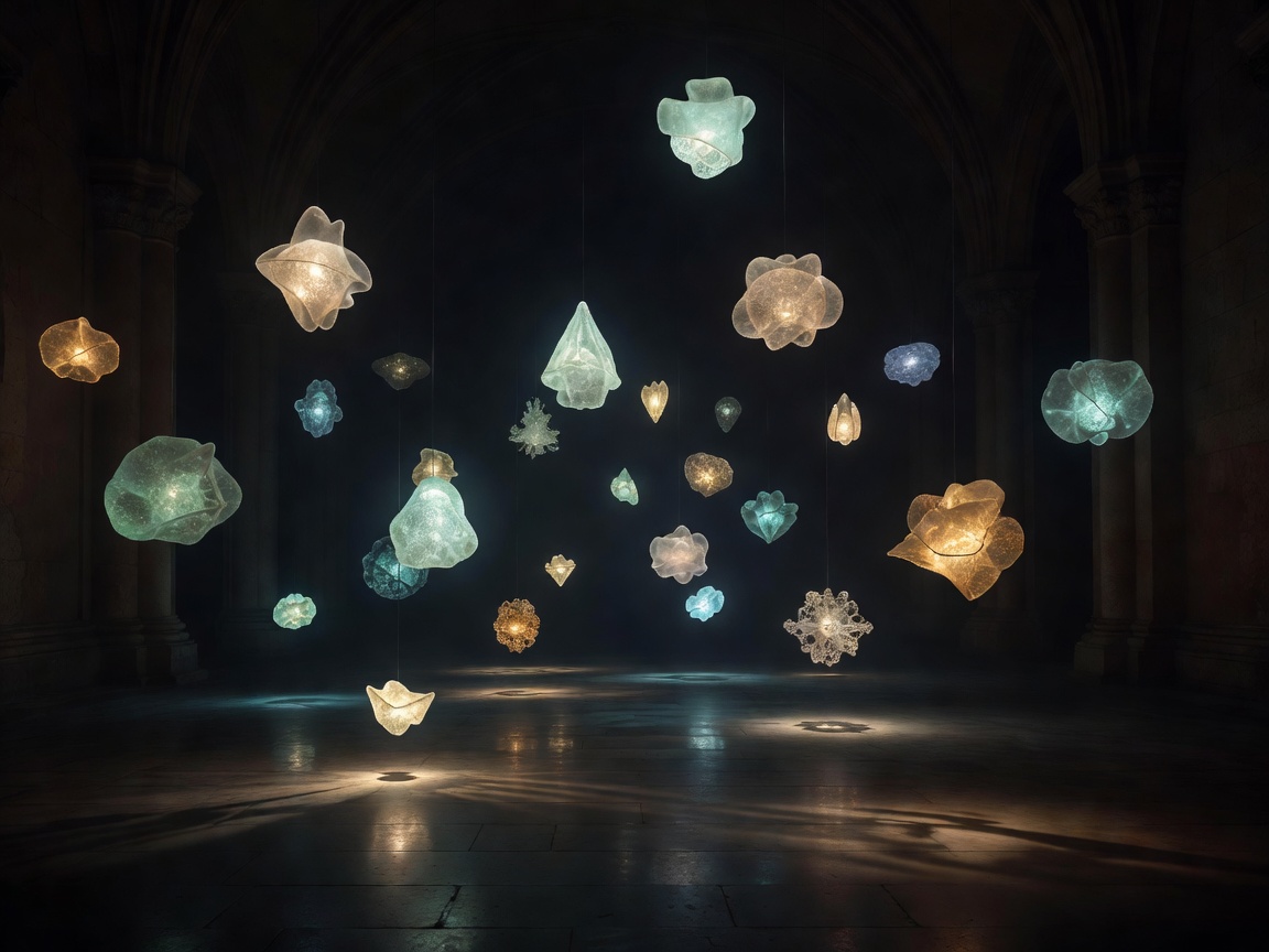 Luminous suspended objects arranged at different heights in a shadowed hall