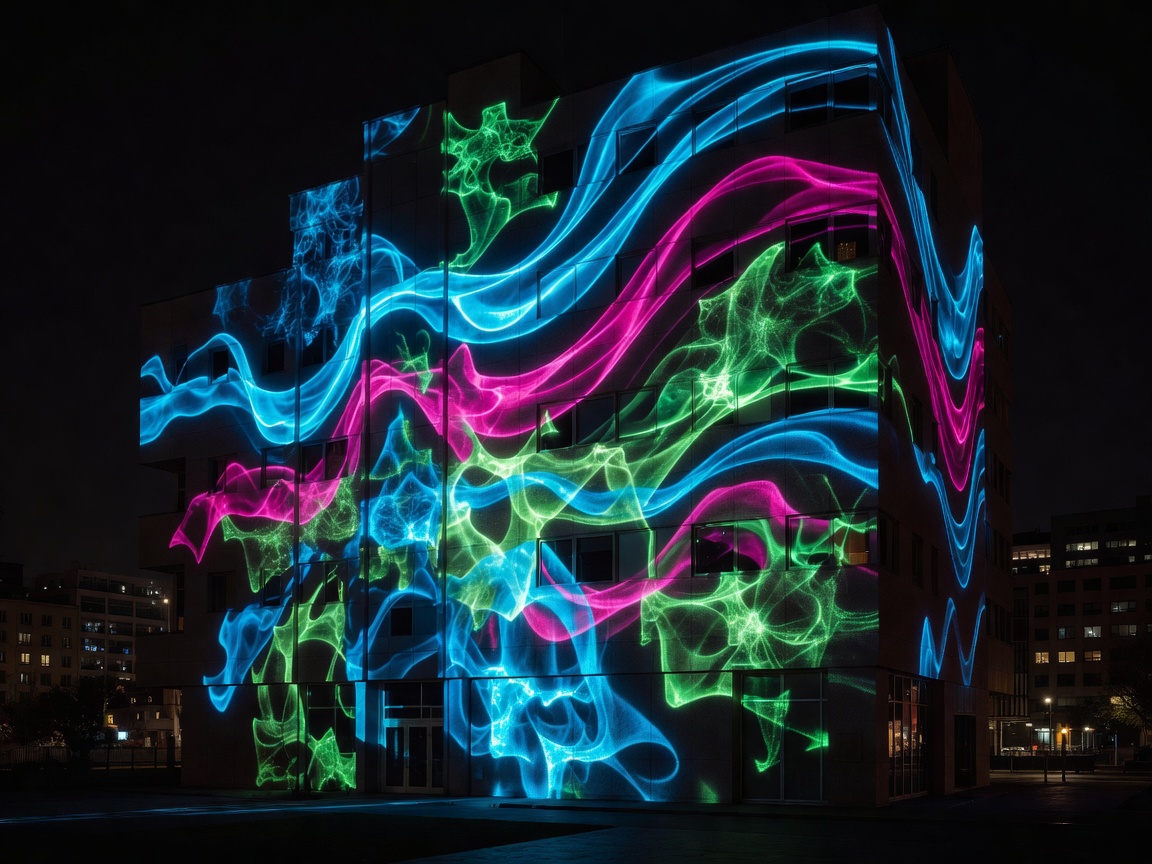 Large luminous patterns spreading across an urban building facade after dark