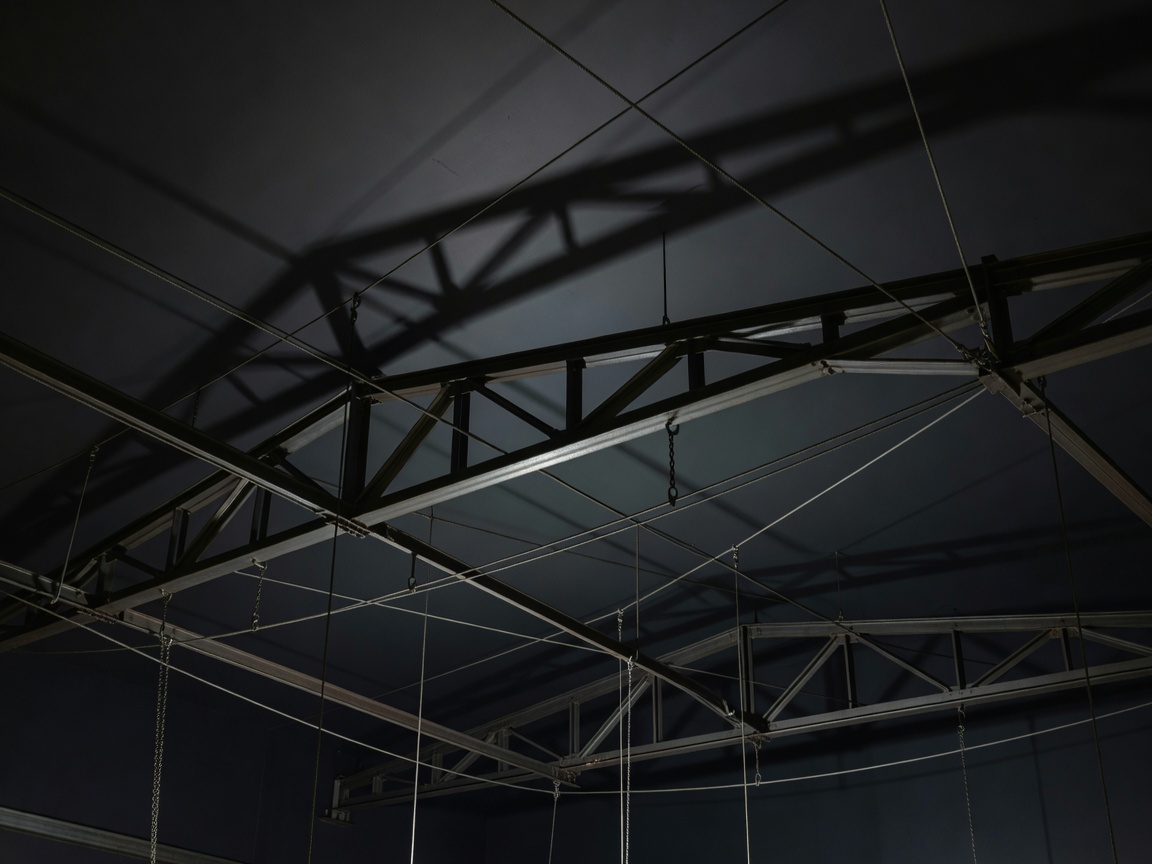 Overhead metal trusses and suspension lines visible against a dark ceiling